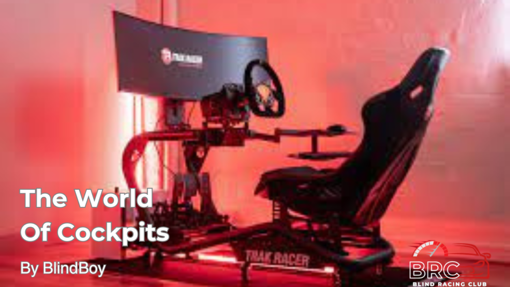 Image containing a racing sim rig with a bucket seat and a steering wheel